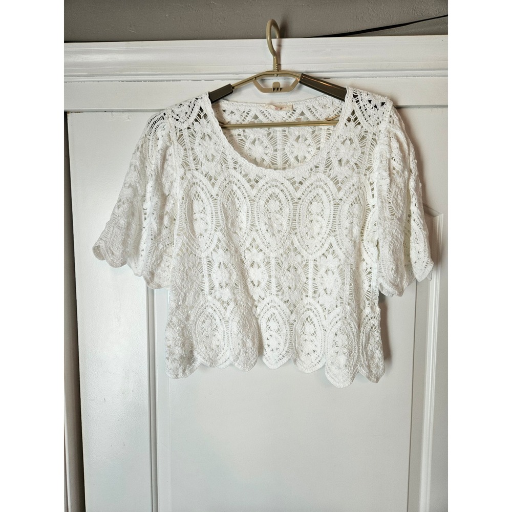 Solitaire White Crochet Lace Knit Top Medium Boho Western Country Cowgirl Boxy